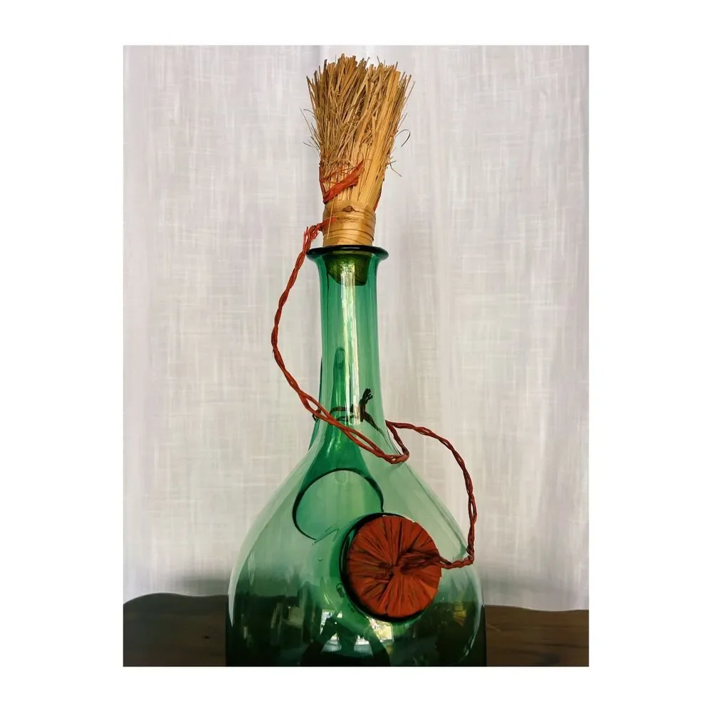 Vintage Italian Green Blown Glass Wine Decanter Ice Chamber Spout Straw Stopper